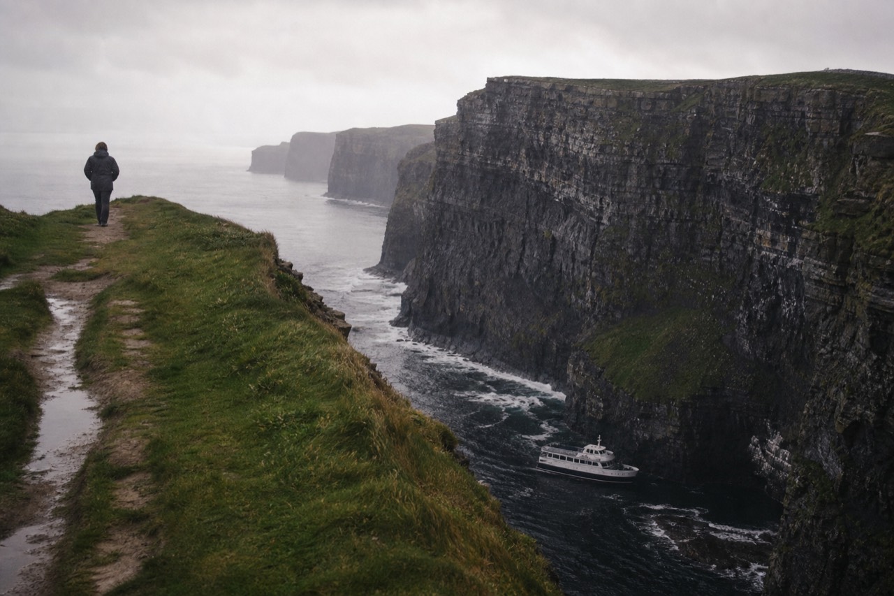 The Cliffs of Moher from two angles in one scene, a walker on the green clifftop path high above a small tour boat passing along the base of the dark rock wall.