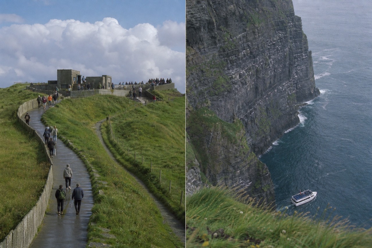 Two views side by side in one scene: the busy clifftop path and visitor centre above the Cliffs of Moher, and a small cruise boat at the base of the same rock wall far below.