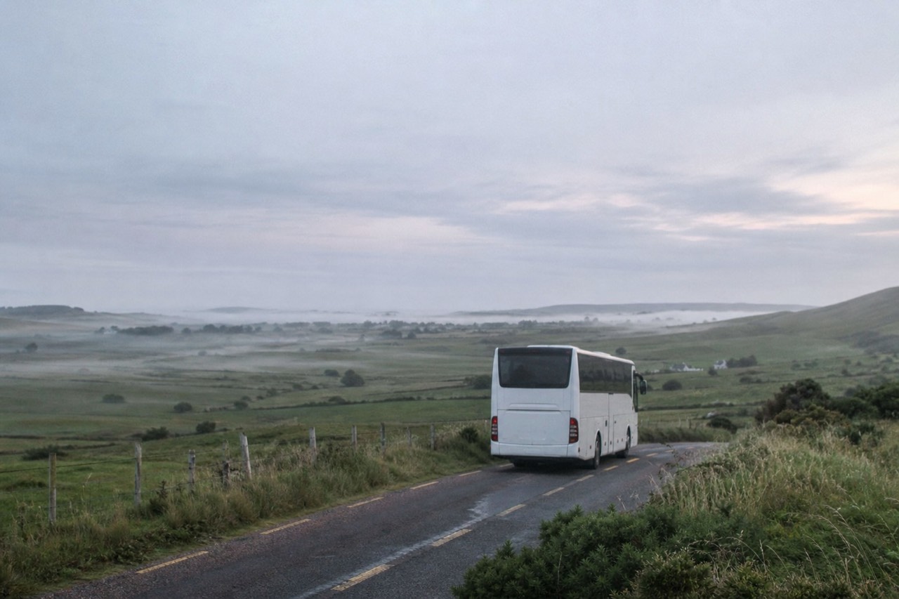 A tour coach on an empty road crossing the green Irish midlands at dawn, low mist over the fields and the west coast still hours ahead.