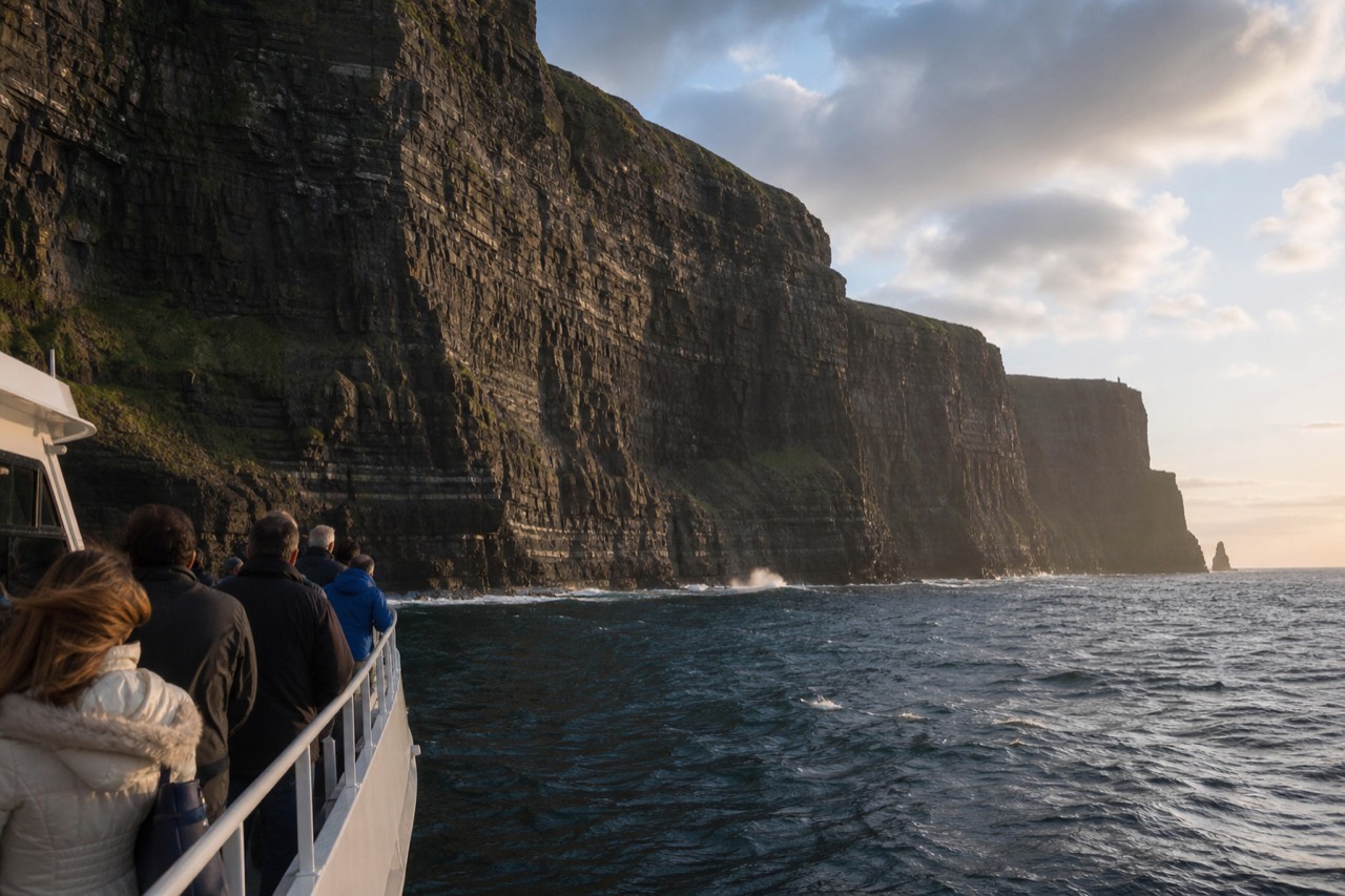 A cliff-cruise boat sitting low at the base of the Cliffs of Moher, passengers along the rail watching the towering rock wall pass by under a bright sky.