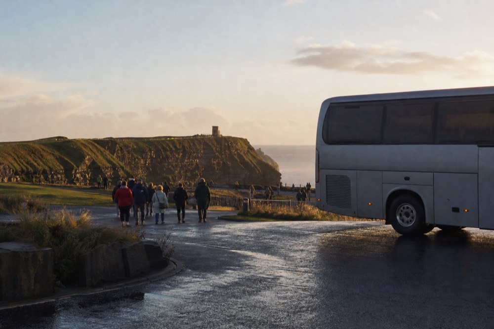 A tour coach parked near the Cliffs of Moher clifftop entrance, visitors walking toward the paths, the cliffs and O'Brien's Tower rising beyond the car park.