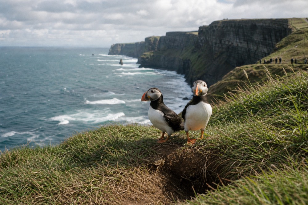 A pair of Atlantic puffins standing together at the mouth of a burrow on a grassy clifftop slope, the blue Atlantic and the Cliffs of Moher stretching away below.